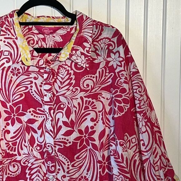 Pappagallo 3/4 Sleeve Button Up Top Women 3X Pink Yellow Tropical Peekaboo Cuffs - Picture 3 of 12